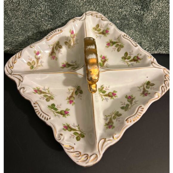 Norcrest Square Divided Rose Bud Gold Trim Serving Dish w Handle Marked - Picture 2 of 6